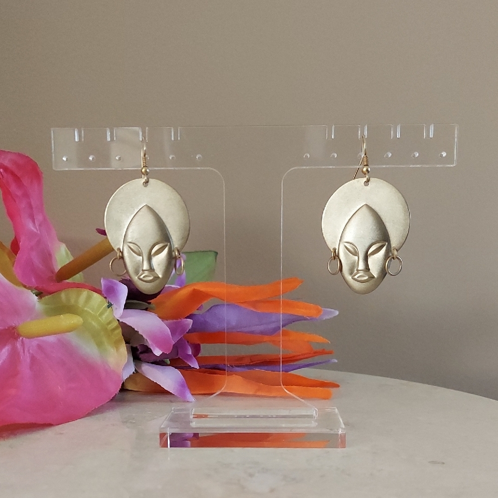 Vintage Billie Holiday Afro Queen African Mask Brass Fish Hook Back Earrings